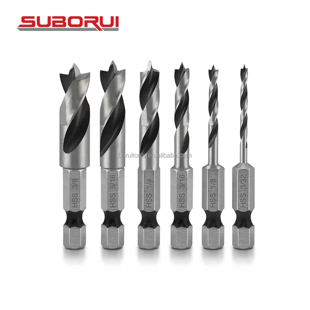 Hss 1/4" Quick Change Hex Shank Brad Point Stubby Wood Drill Bit Set 