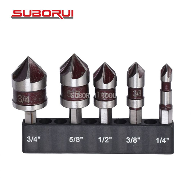 Hex Shank High Carbon Steel Chamfer 5 Flute 82 Degrees Countersink Drill Bit Set