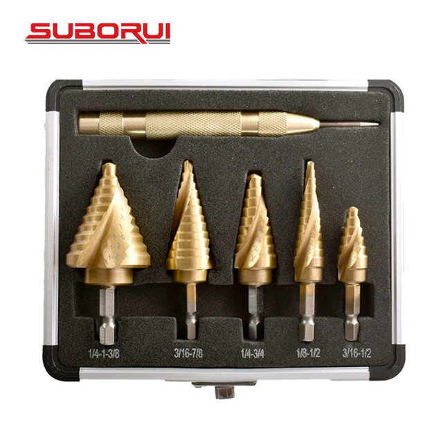 HSS 5PCS Spiral Grooved Titanium Step Drill Bit Set with Automatic Center Punch